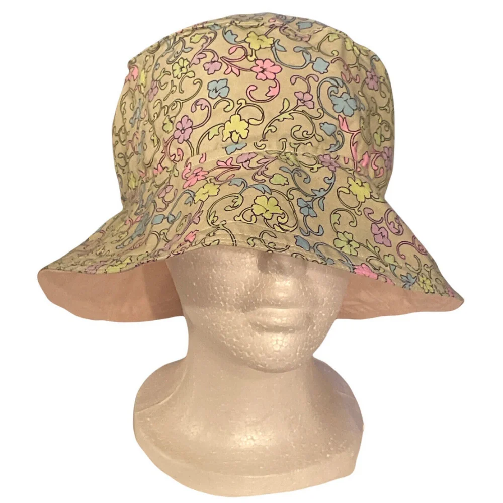 Pastel Floral Print Bucket Hat Medium Cotton‎ Reversible Coastal Beach Resort